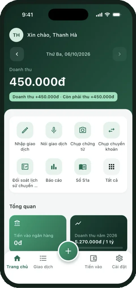 Màn Trang chủ app: Doanh thu 450.000đ ngày Thứ Ba, 06/10/2026 (dữ liệu minh họa).
