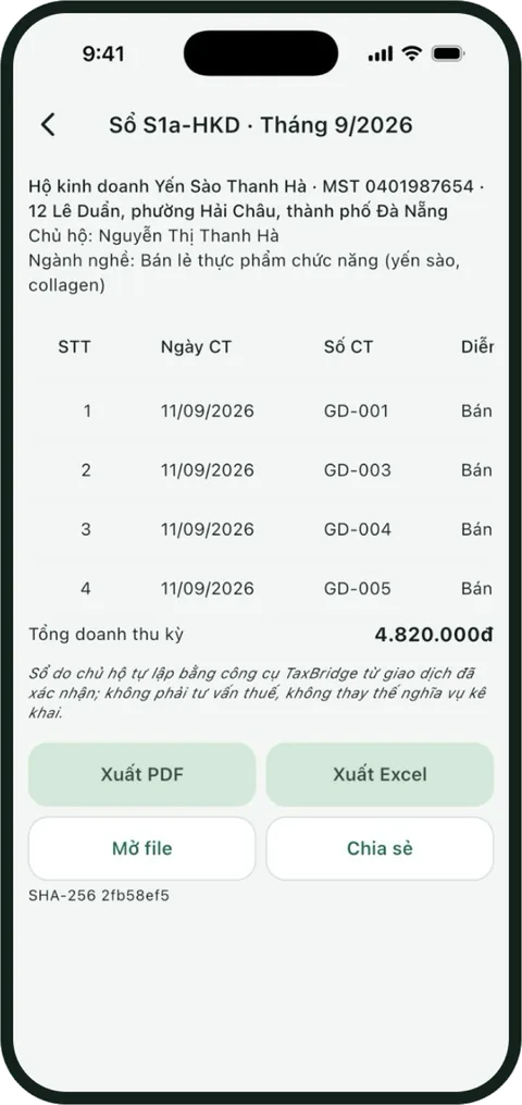 Màn Sổ S1a-HKD tháng 9/2026: các dòng bán hàng ngày 11/09/2026, tổng doanh thu kỳ 4.820.000đ, nút Xuất PDF và Xuất Excel (dữ liệu minh họa).