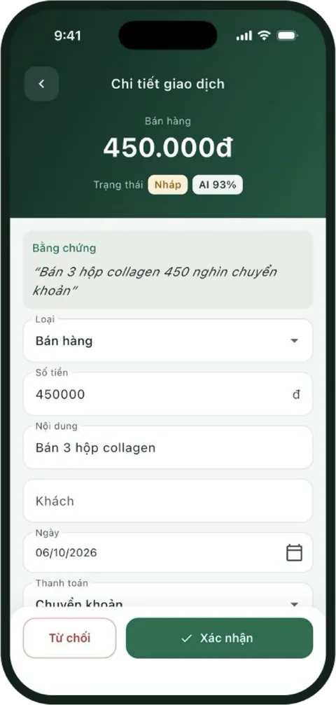 Màn Chi tiết giao dịch: bản nháp Bán hàng 450.000đ, bằng chứng “Bán 3 hộp collagen 450 nghìn chuyển khoản”, nút Xác nhận (dữ liệu minh họa).
